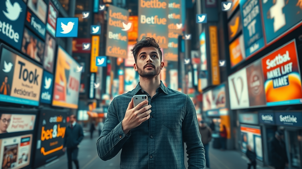Person surrounded by a storm of floating digital ad banners and notifications, representing the daily flood of social media and media ads people see, urban tech city background, vibrant and overwhelming visual impact