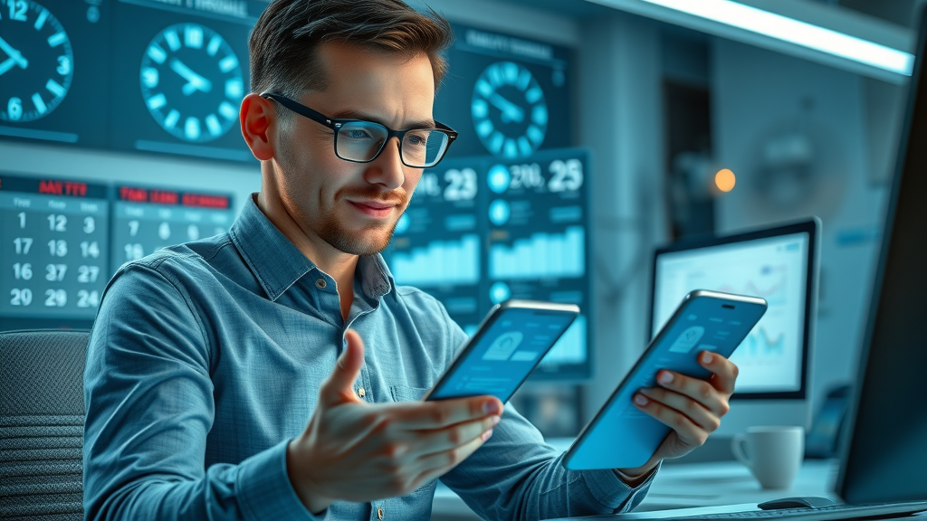 professional checking email campaign schedule on devices, send time optimization, email lead generation, analytics