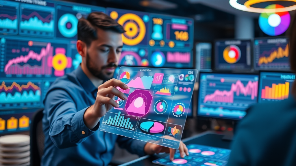 marketing manager blending multiple ad targeting techniques with charts in imaginative workspace