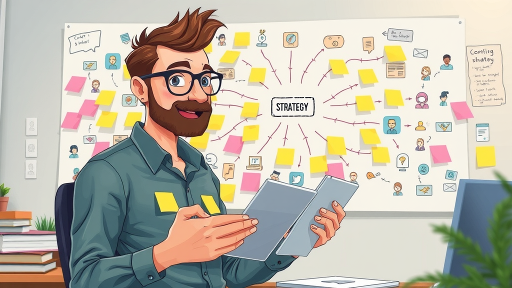 Content creator developing digital content strategy using mind maps, sticky notes, and a digital tablet