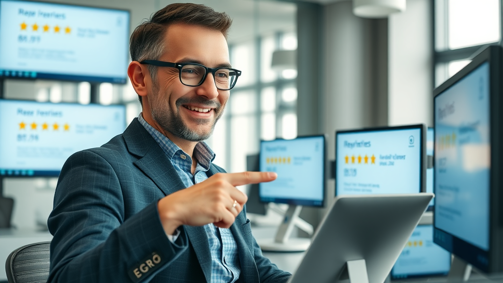 Confident business owner analyzing positive customer reviews on digital devices for social proof in a dynamic marketplace