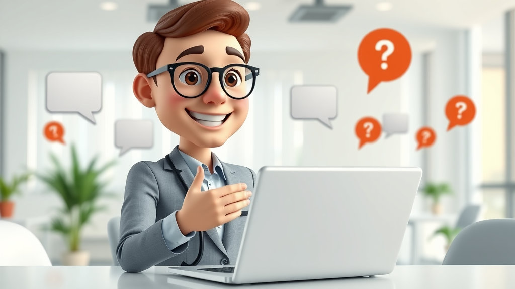 marketing consultant answering FAQs, engaging in digital office, question bubbles, customer experience