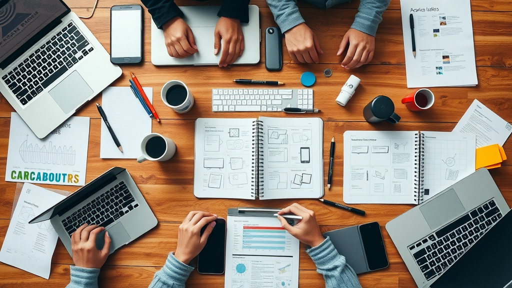 UX design toolkit organized on wooden table with laptops, sketchbooks, wireframes and coffee mugs