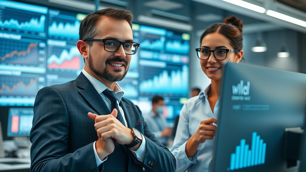 business professionals analyzing digital marketing growth data on screens