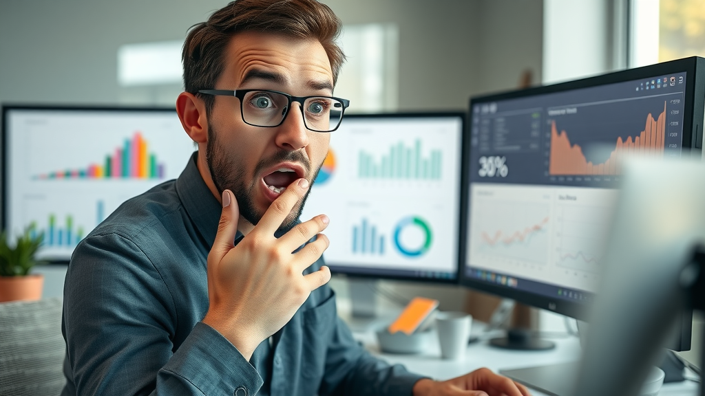 shocked marketing professional viewing shocking SEO statistics, office chart analysis, SEO content optimization