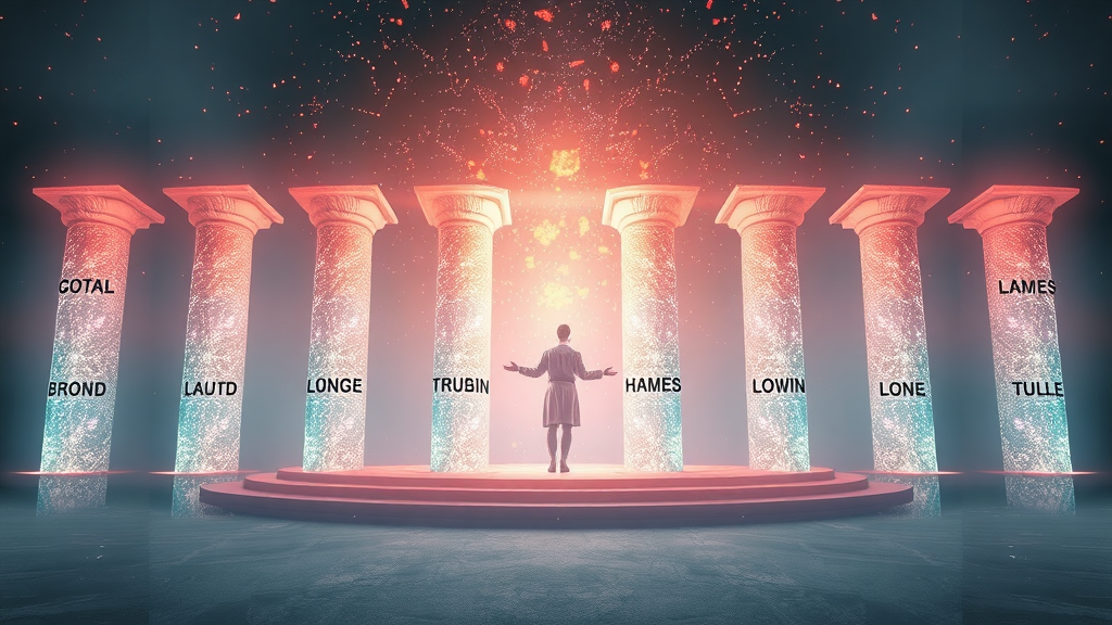 Visual metaphor depicting the 7 pillars of personal branding as pillars of light
