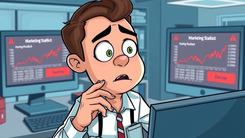 marketing analyst reviewing marketing statistics, error graphs, warning blips on screens, data-driven marketing mistakes