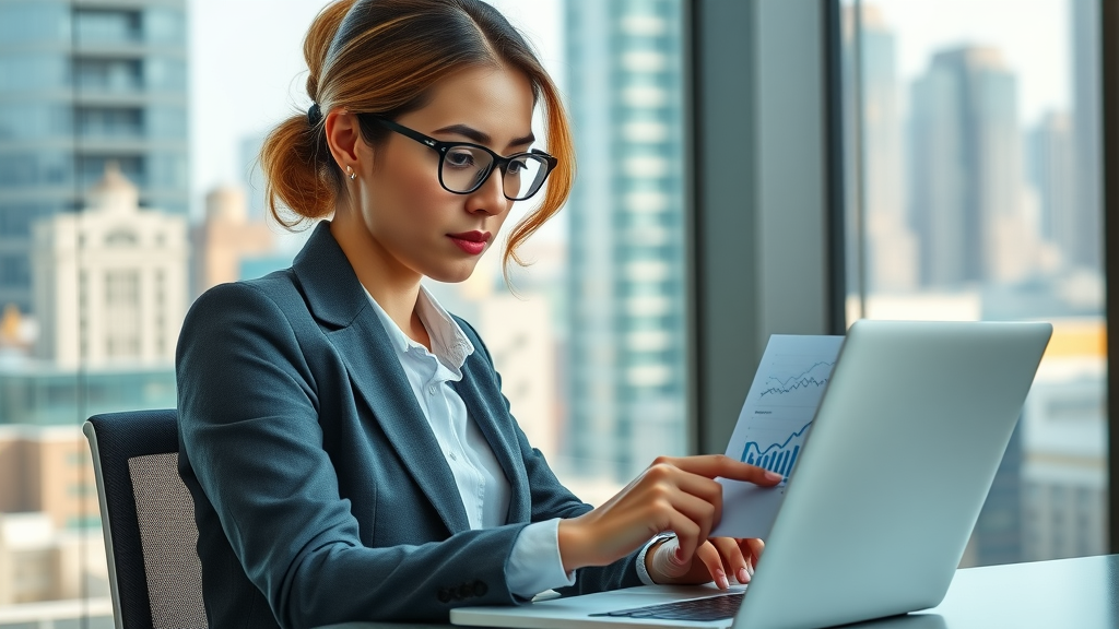 Professional businesswoman analyzing social media data with reputation monitoring tools in a modern office