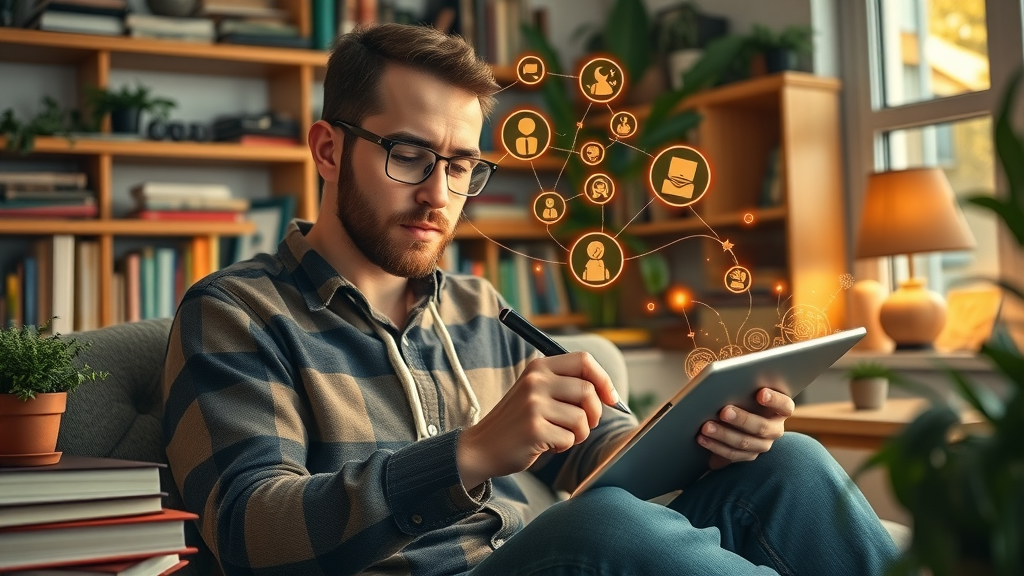 content creator writing engaging online marketing stories at home