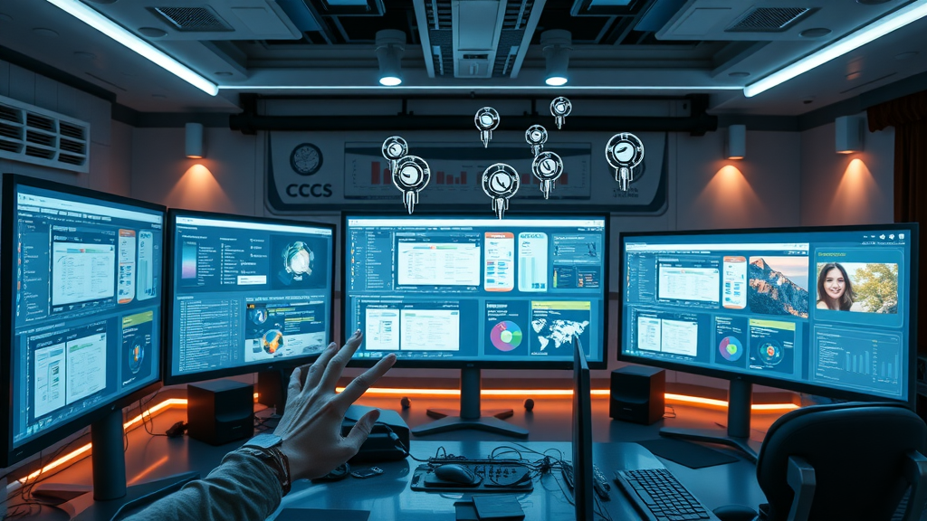 Futuristic digital content creation workspace with organized project management and visual editing tools