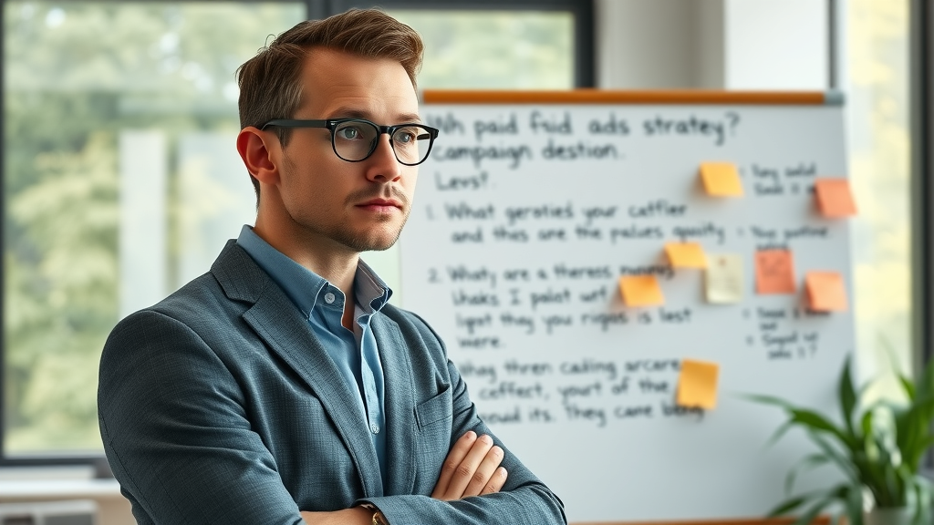Thoughtful business owner reviewing paid ads and campaigns strategy on whiteboard, campaign questions listed
