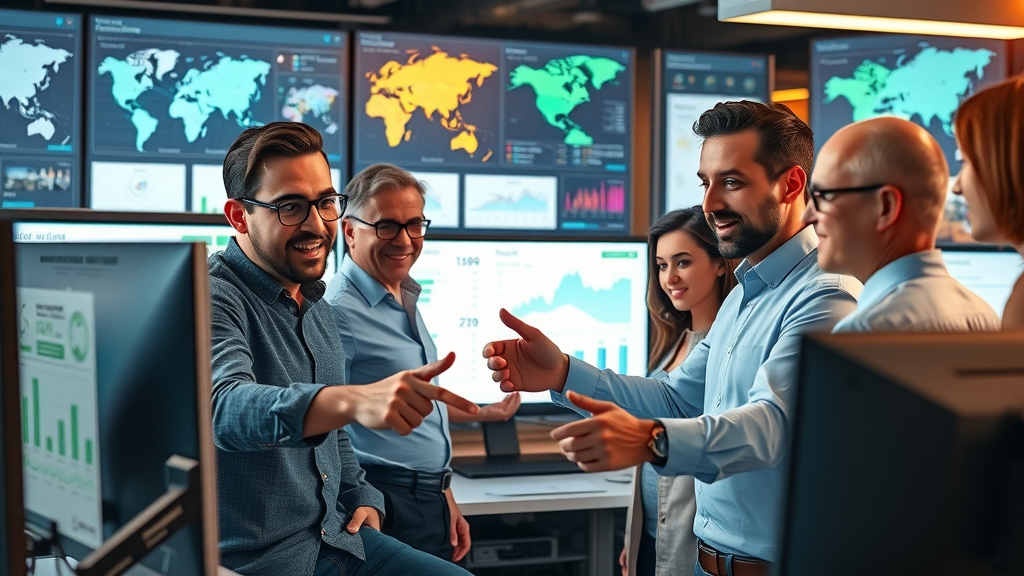 diverse business owners using local SEO tools dashboard, interacting with dashboards focused on local search results and rankings