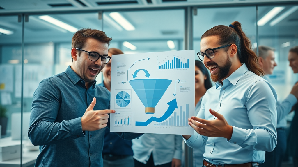 Mastering lead generation strategies: Marketing funnel analysis and lead capture in a modern workspace, marketers excited over digital flow charts.