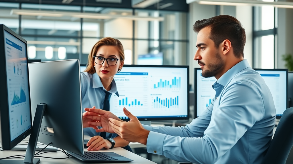 dynamic business team analyzing email marketing dashboard, focused expressions, collaborating at workspace, modern office email marketing statistics, email marketing for leads