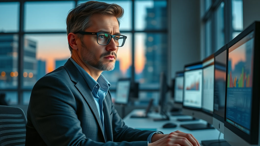 Professional marketer researching buyer data – corporate office with digital overlays of audience segments, vibrant digital colors, target audience analysis