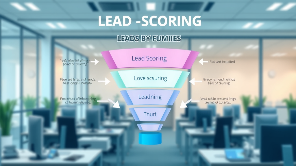 Lead scoring funnel infographic illustration: lead gen optimization with behavioral and demographic arrows, in a modern office