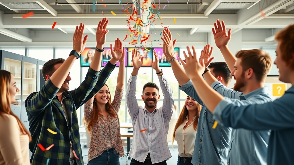 social media video marketing successful team celebrating high viral stats bright office confetti