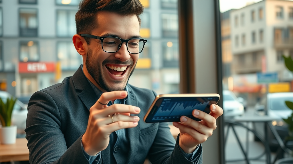 entrepreneur analyzing viral video campaign analytics on smartphone, excited by skyrocketing view count and social shares