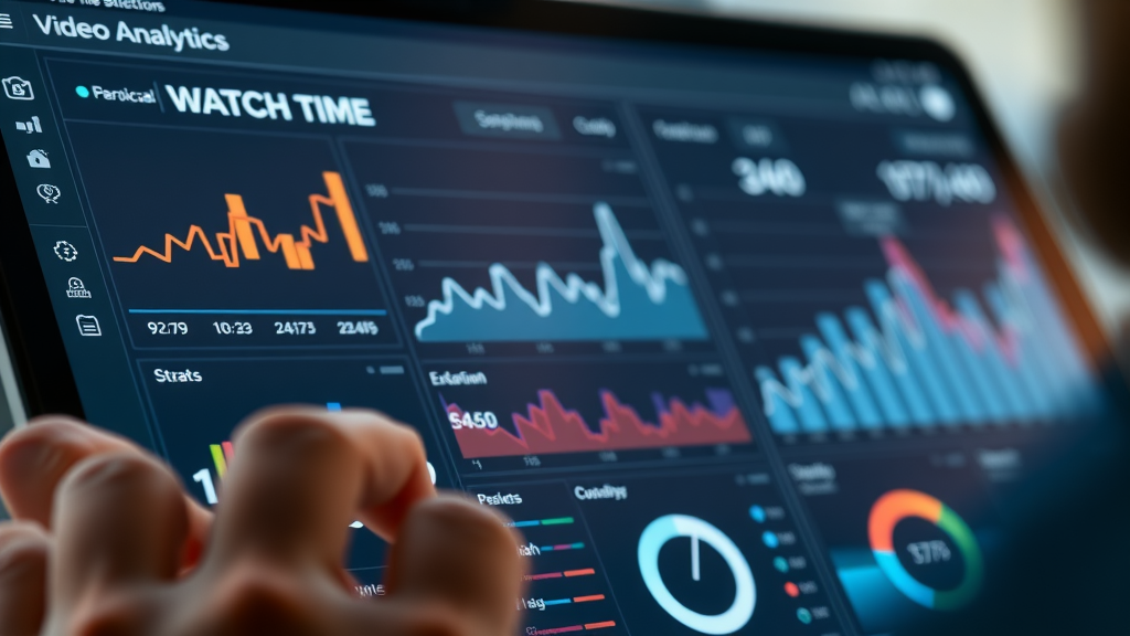 close-up of video analytics dashboard with watch time and engagement metrics