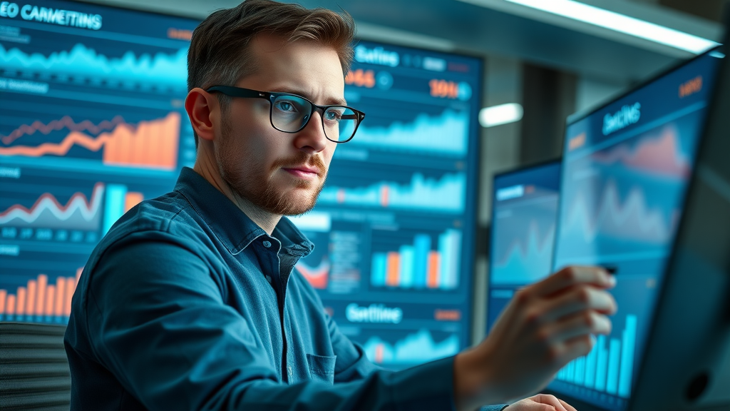 marketer analyzing video advertising campaign results on analytics dashboard, evaluating ROI and customer engagement metrics