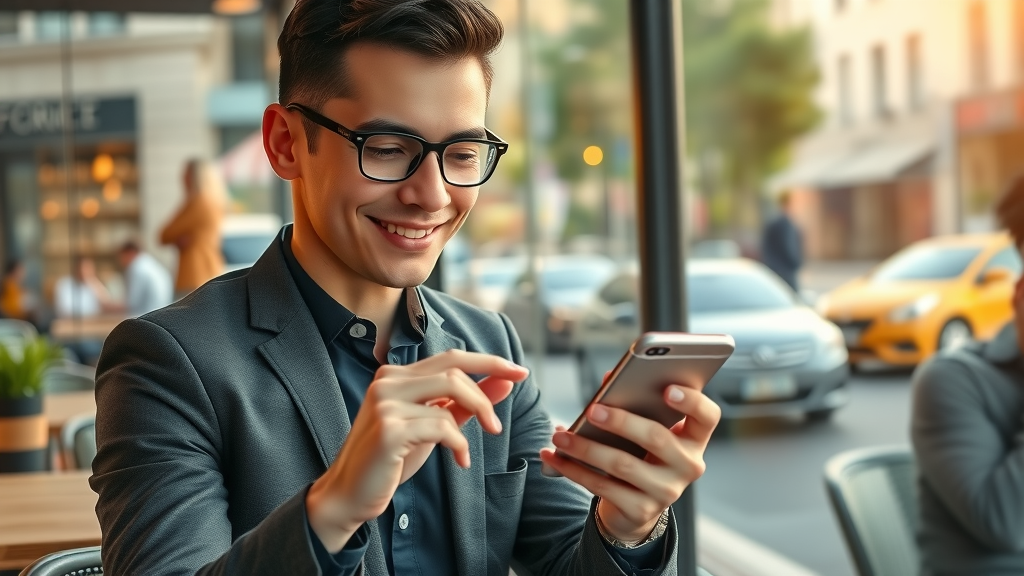 Young professional browsing a mobile-optimized website on a smartphone, demonstrating improved conversion rates across devices.