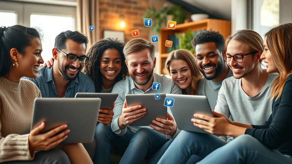 online community collaborating digitally, diverse group, warm social environment