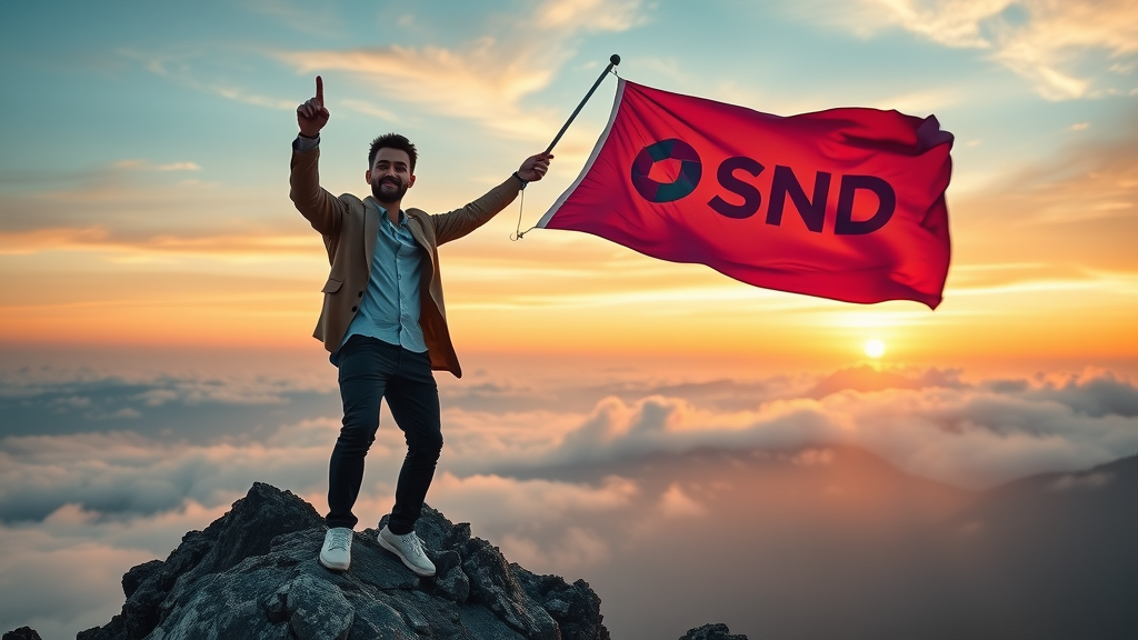 entrepreneur launching a strong brand at sunrise on a mountain summit