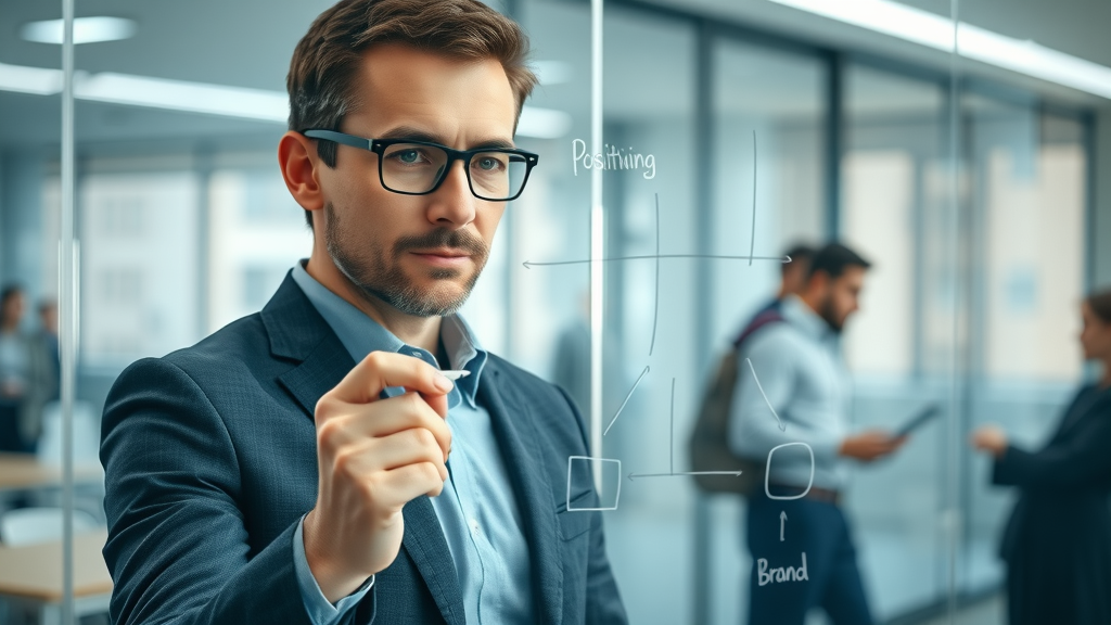 positioning strategy mapped by a business strategist on a transparent board