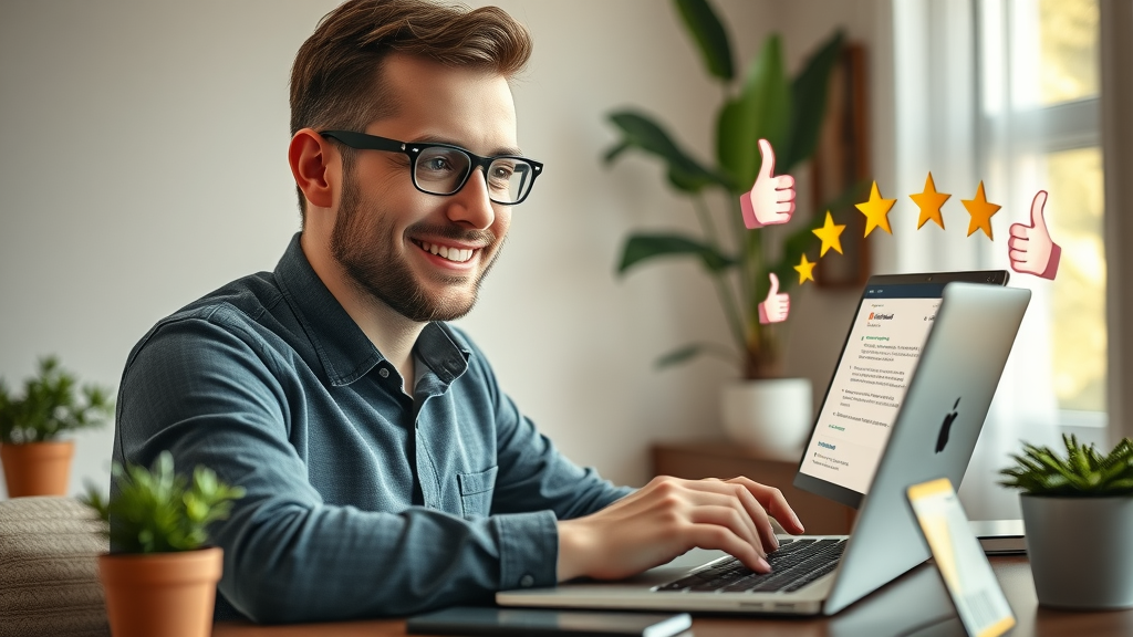 Customer happily writing a detailed review on a laptop in a cozy home office with stars and thumbs up animations