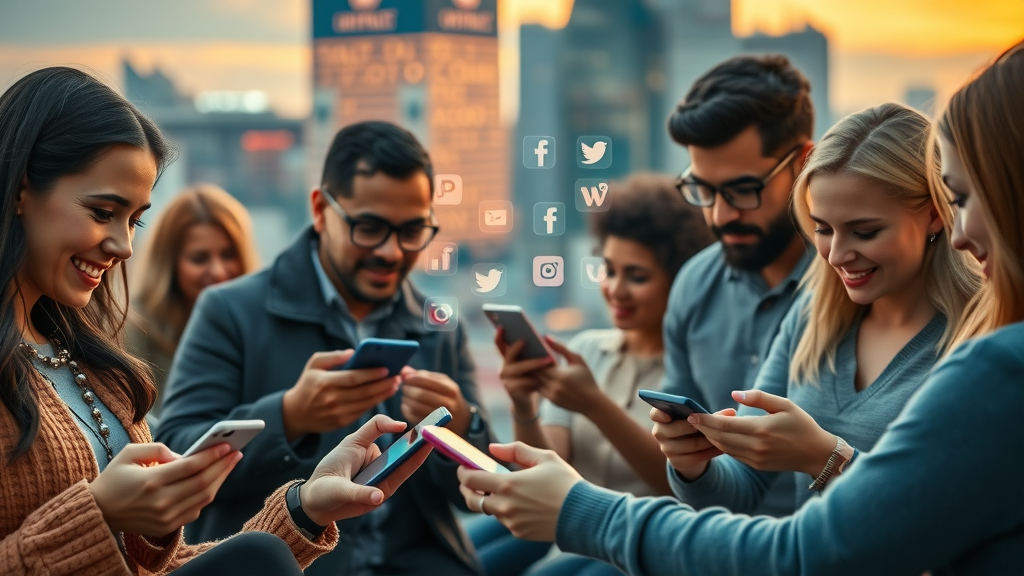 social media advertising platforms diverse group people engaging with digital ads
