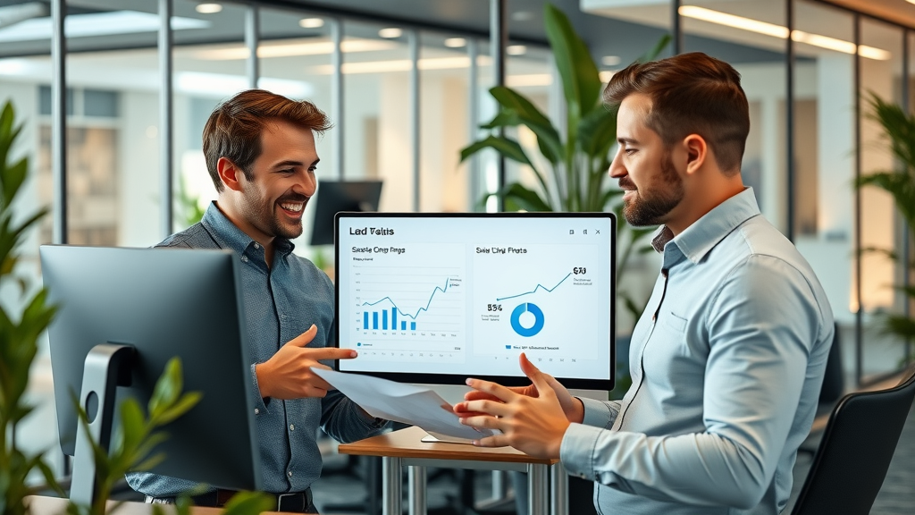 Marketing and sales teams collaborating on social media lead generation charts in an open-plan office