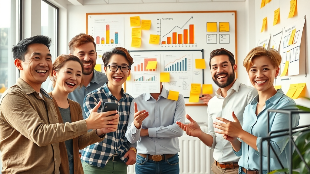 marketing team discussing engagement metric strategies and customer engagement growth, illustrated trends