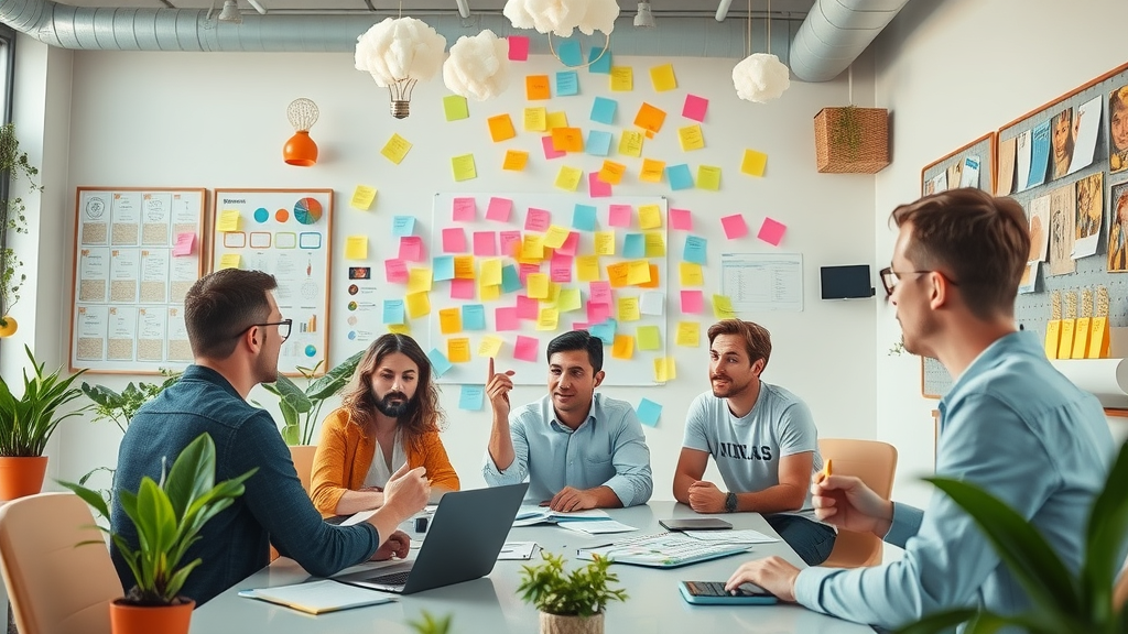 creative brainstorming session for social media content with sticky notes and gadgets