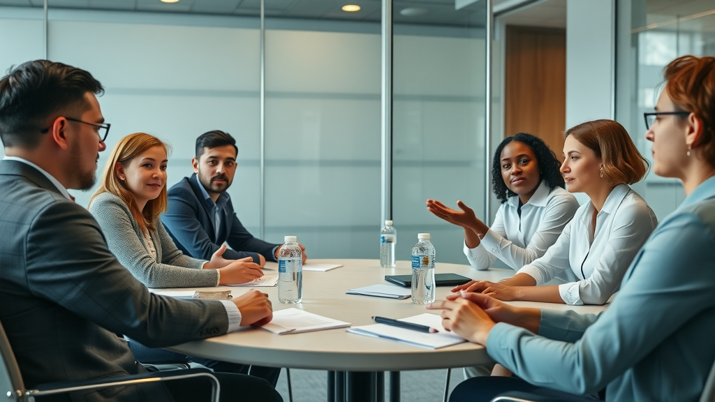 Professional researchers conducting focus group study – glass-walled conference room, note-taking and group discussion, target audience analysis