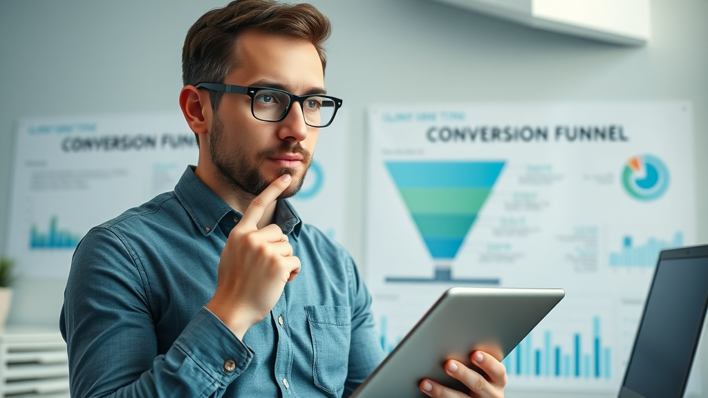 conversion rate optimization infographic showing website conversion funnel and marketer explaining pathways