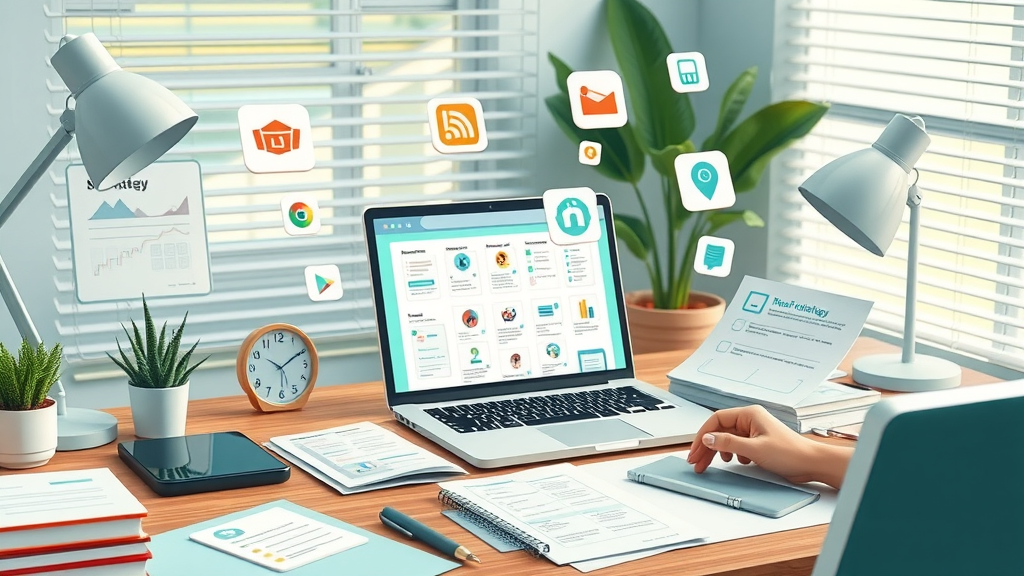 organized workspace displaying digital marketing toolkit and social media marketing strategy templates