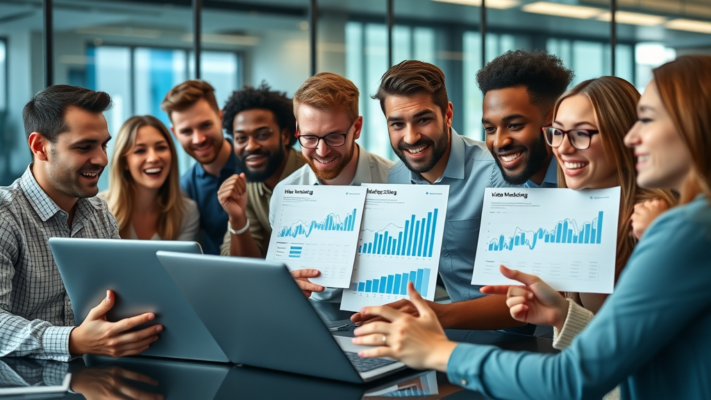 video marketing ROI digital marketers analyzing graphs in office