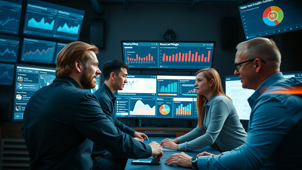 team collaborating in a digital control room, monitoring social media and email marketing dashboards for lead gen insights