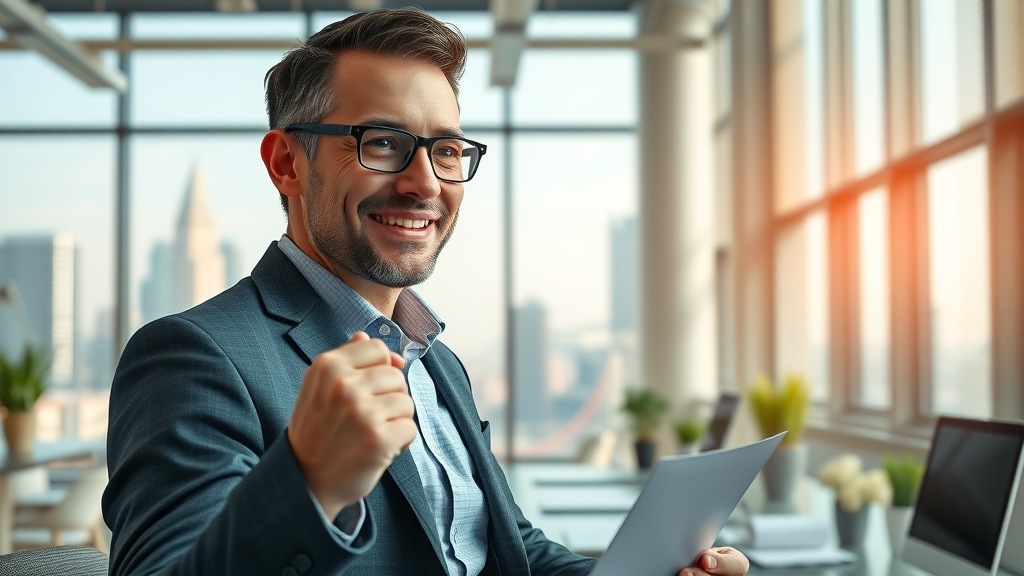 business owner reviewing customer segmentation success metrics in a modern office