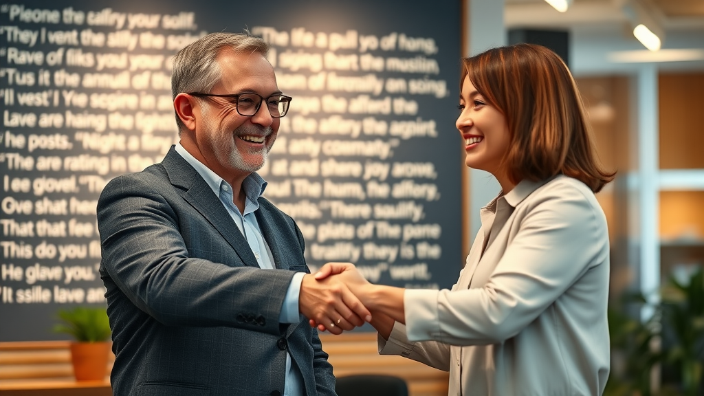 happy customer and company representative shaking hands with testimonial wall for reputation marketing