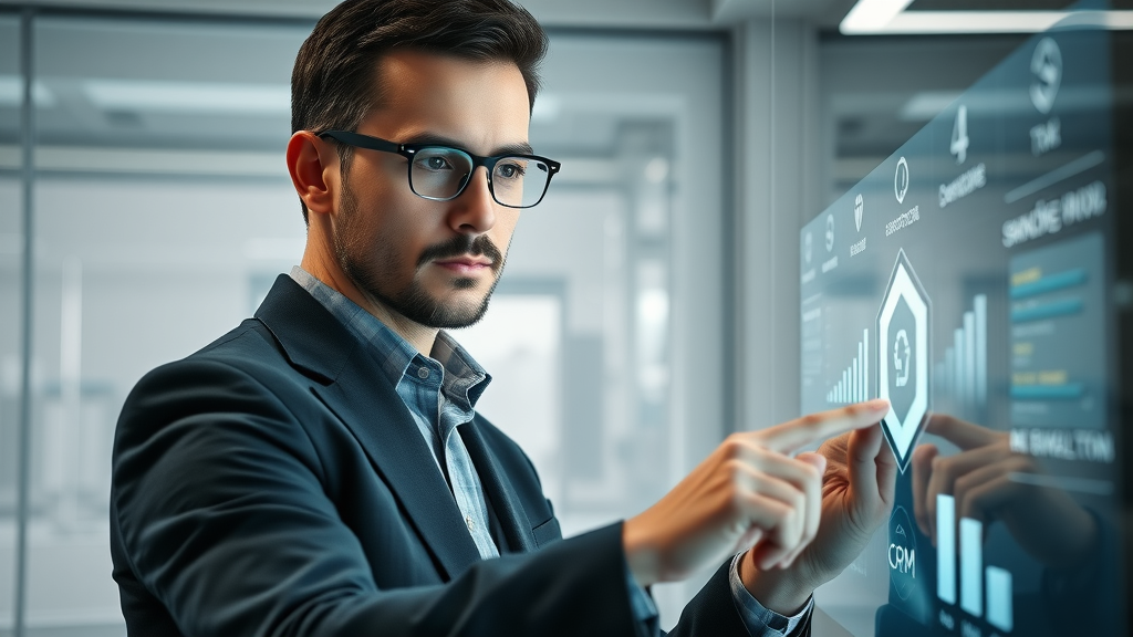 Smart tech entrepreneur evaluating digital lead generation tools and software via futuristic touchscreen panel.