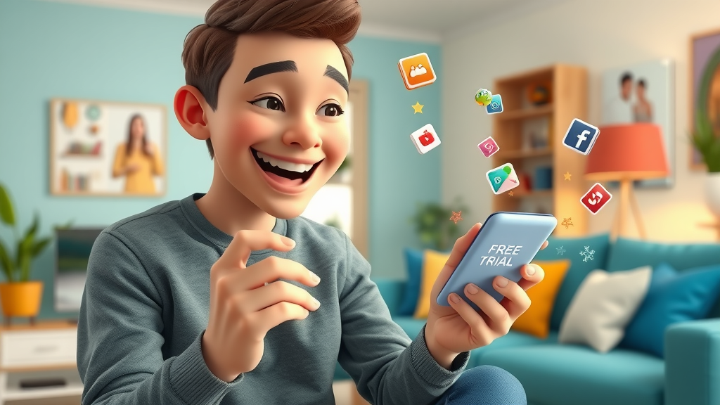 Free trial offer lead generation strategies: Happy customer activating a free trial via smartphone in a vibrant, interactive digital setting.