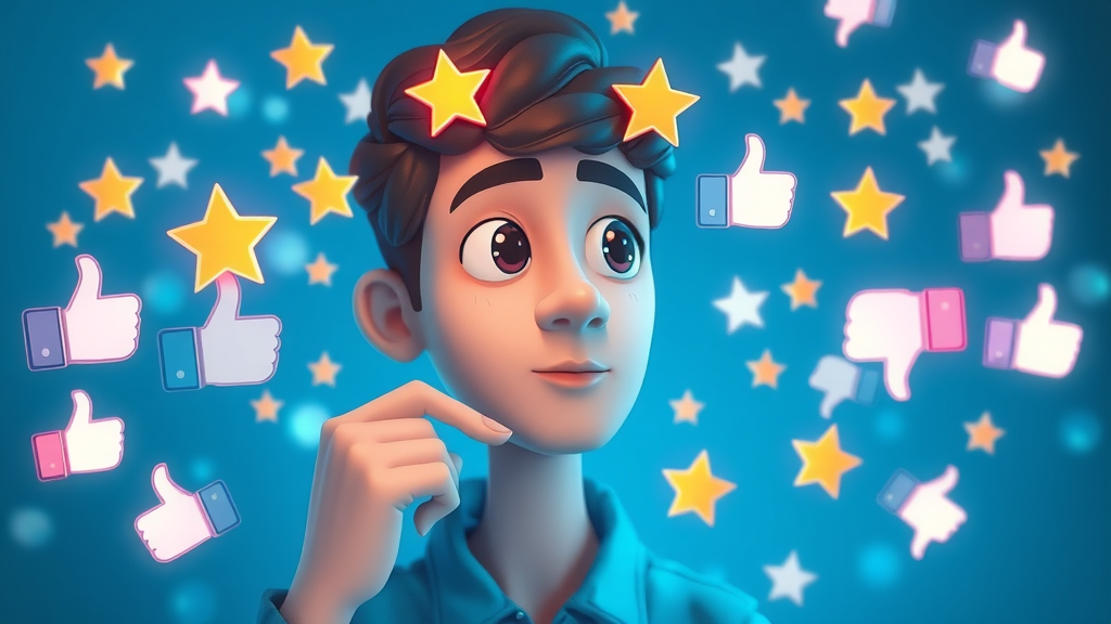 Person surrounded by digital stars and reputation icons, visualizing online reputation management
