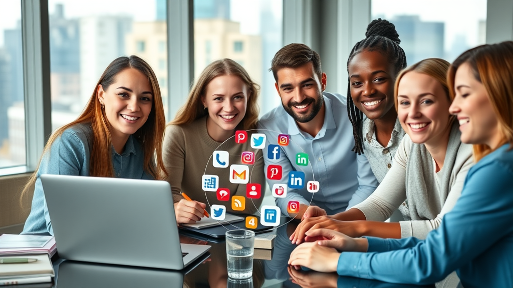 vibrant contemporary digital marketing team collaborating around laptops and social media icons, mastering social media content