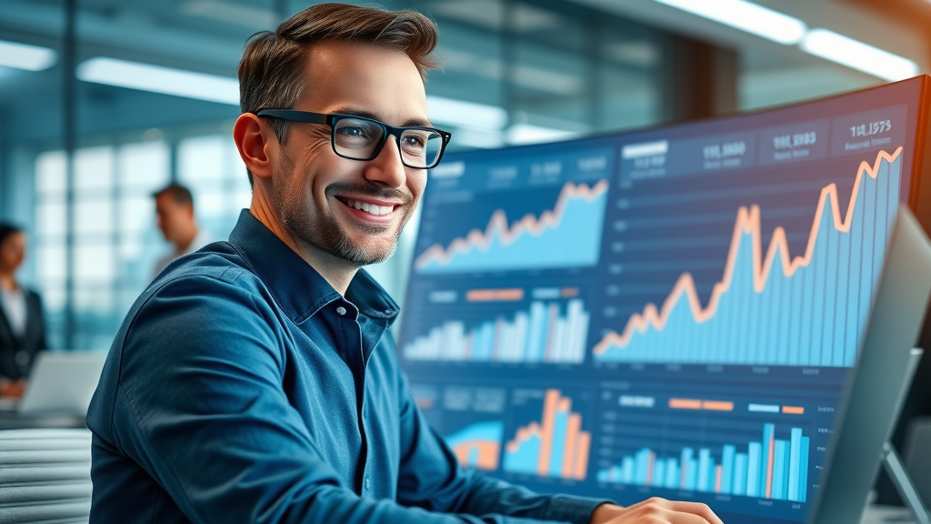 results-driven analyst reviewing boosted conversion metrics on a large digital dashboard—digital ad campaigns and marketing campaign ROI increases