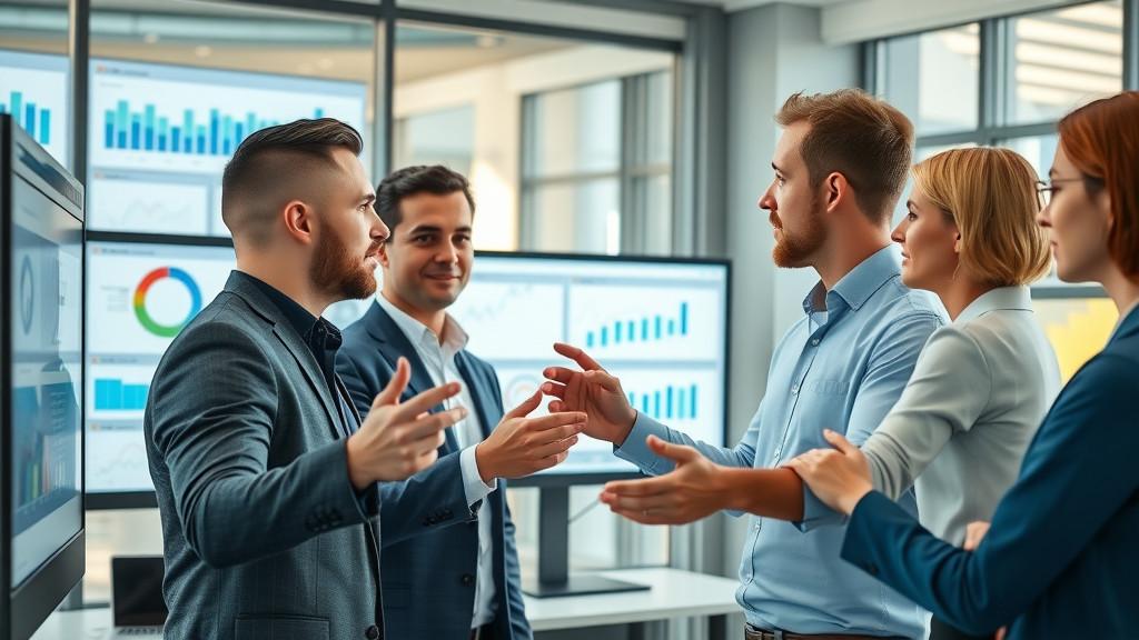 Innovative business team collaboratively analyzing real-time social media analytics dashboards in a modern digital office environment