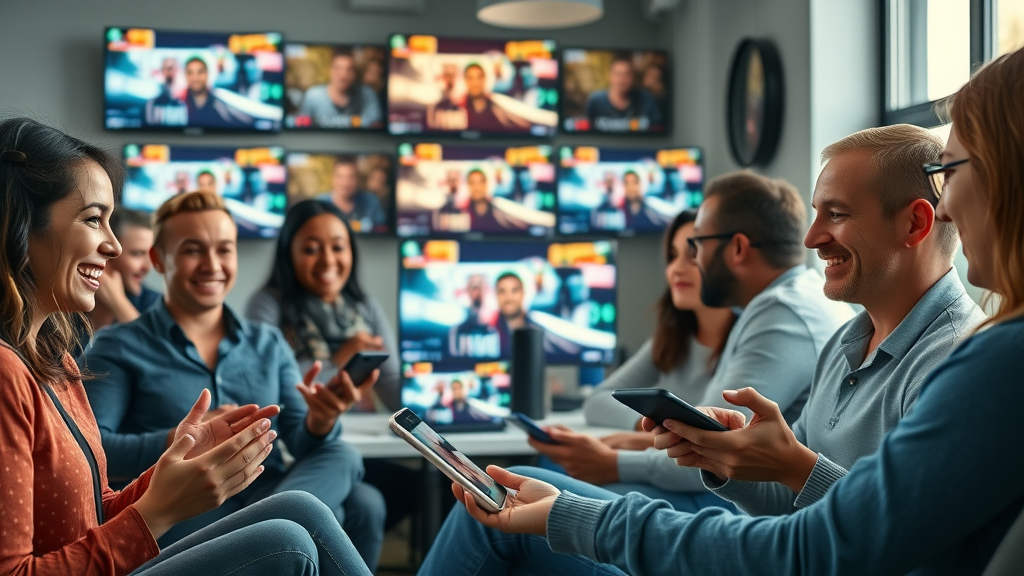 media video marketing on social media platforms people engaging, dynamic content, various screens vibrant colors