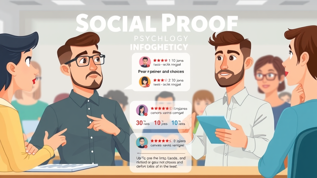 Engaging infographic explaining social proof psychology with individuals observing peer choices in a seminar setting