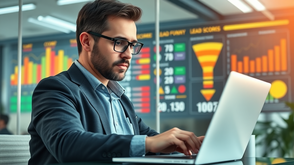 Marketing expert analyzing B2B lead generation scores on a laptop in glass office