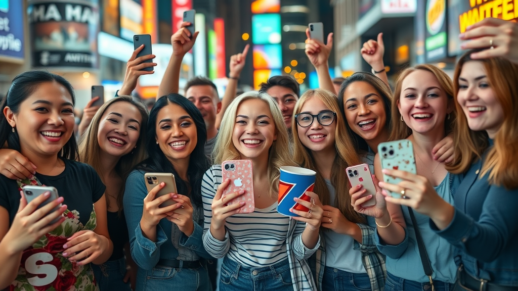 group of users sharing selfies and reviews with brand merchandise for user-generated content in social media marketing